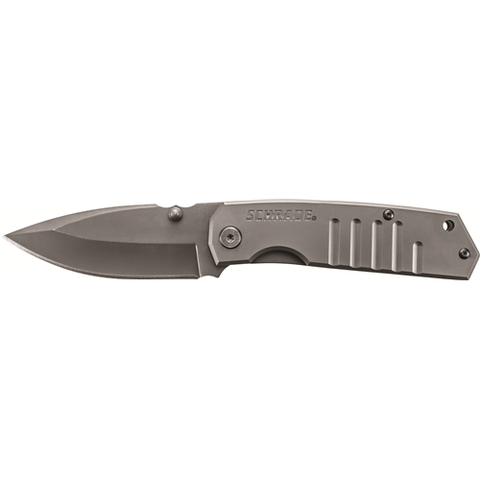 Schrade Frame Lock 9Cr18Mov titanium coated drop point blade with ambidextrous thumb knobs titanium coated stamp lines stainless steel handle with lanyard hole and pocket clip